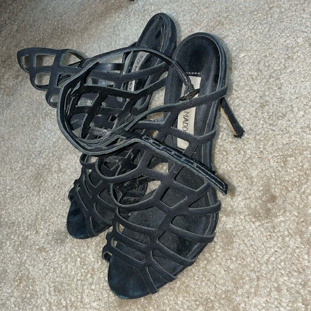 BLACK SCHUTZ SUEDE CAGE HEELED SANDALS